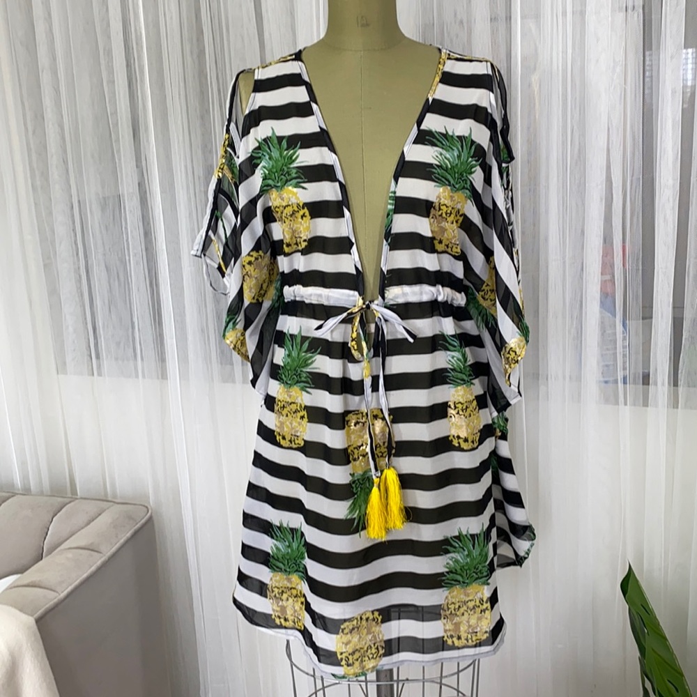 Violet Sky swimsuit cover up top. Pineapple motif.